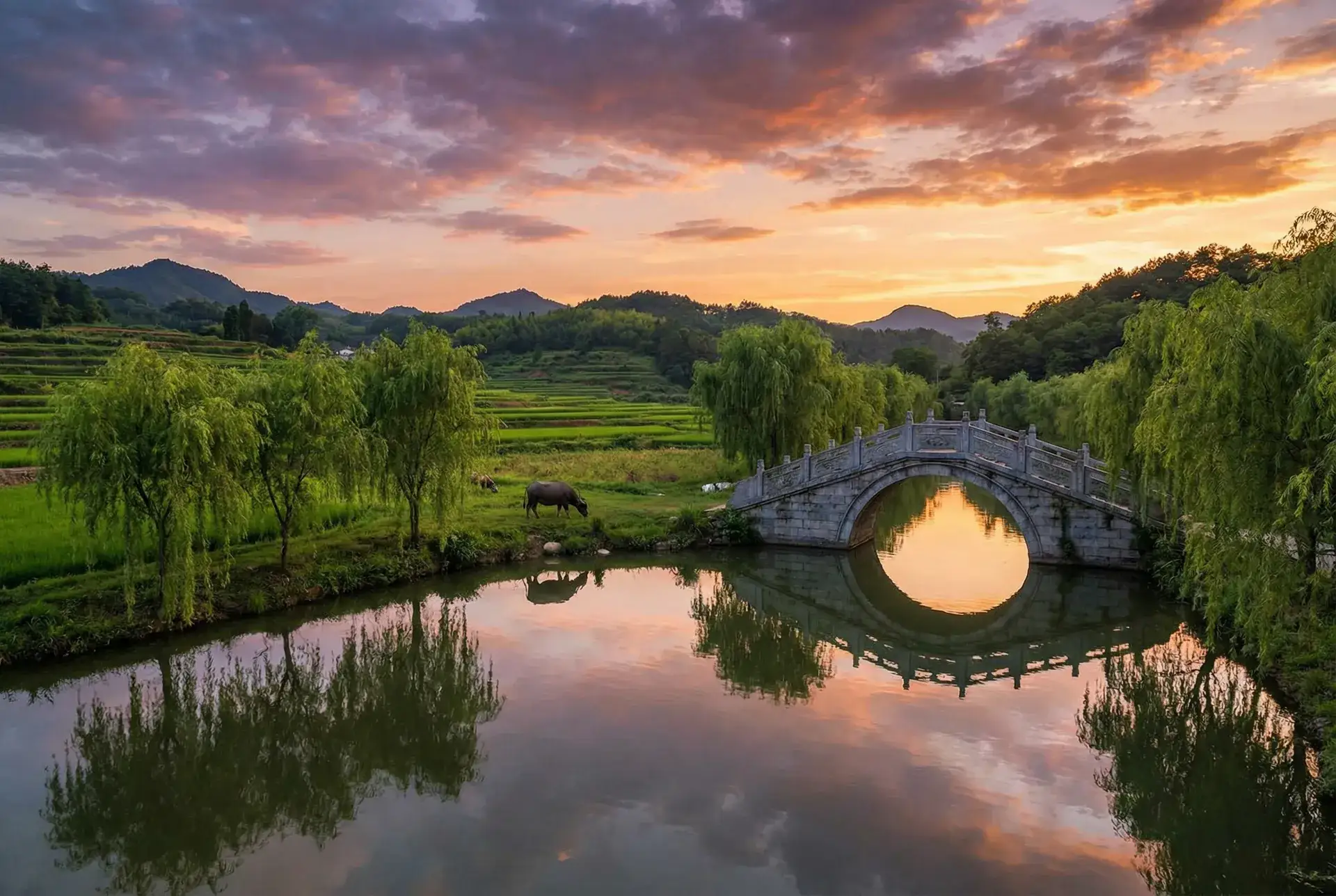 夕阳下的石拱桥与垂柳，水牛在河边吃草 - 达卡莱石板 乡村美景